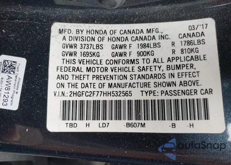 2017 Honda Civic Ex z USA, uszkodzony, nr VIN 2HGFC2F77HH532565